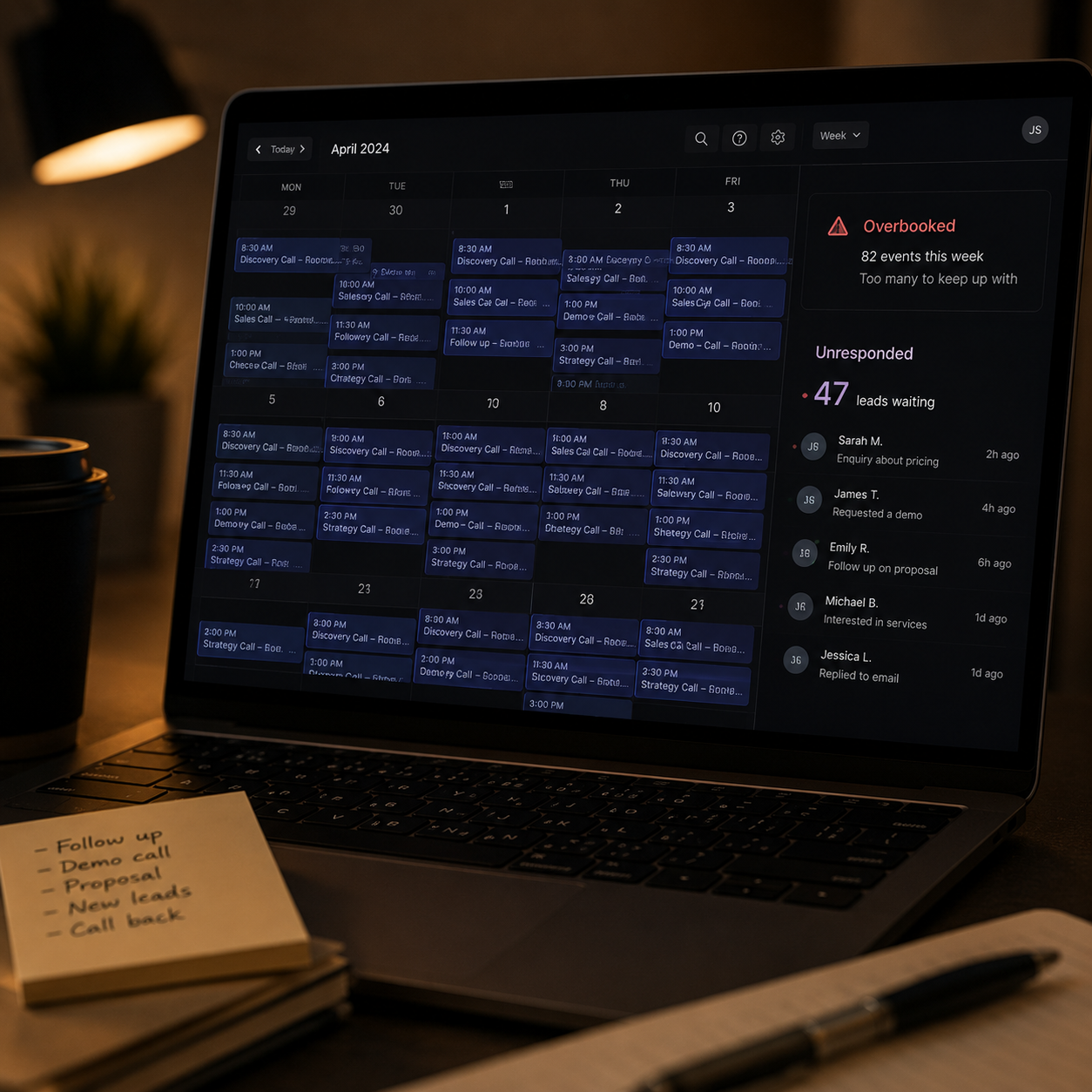 Laptop showing an overbooked diary with unanswered leads