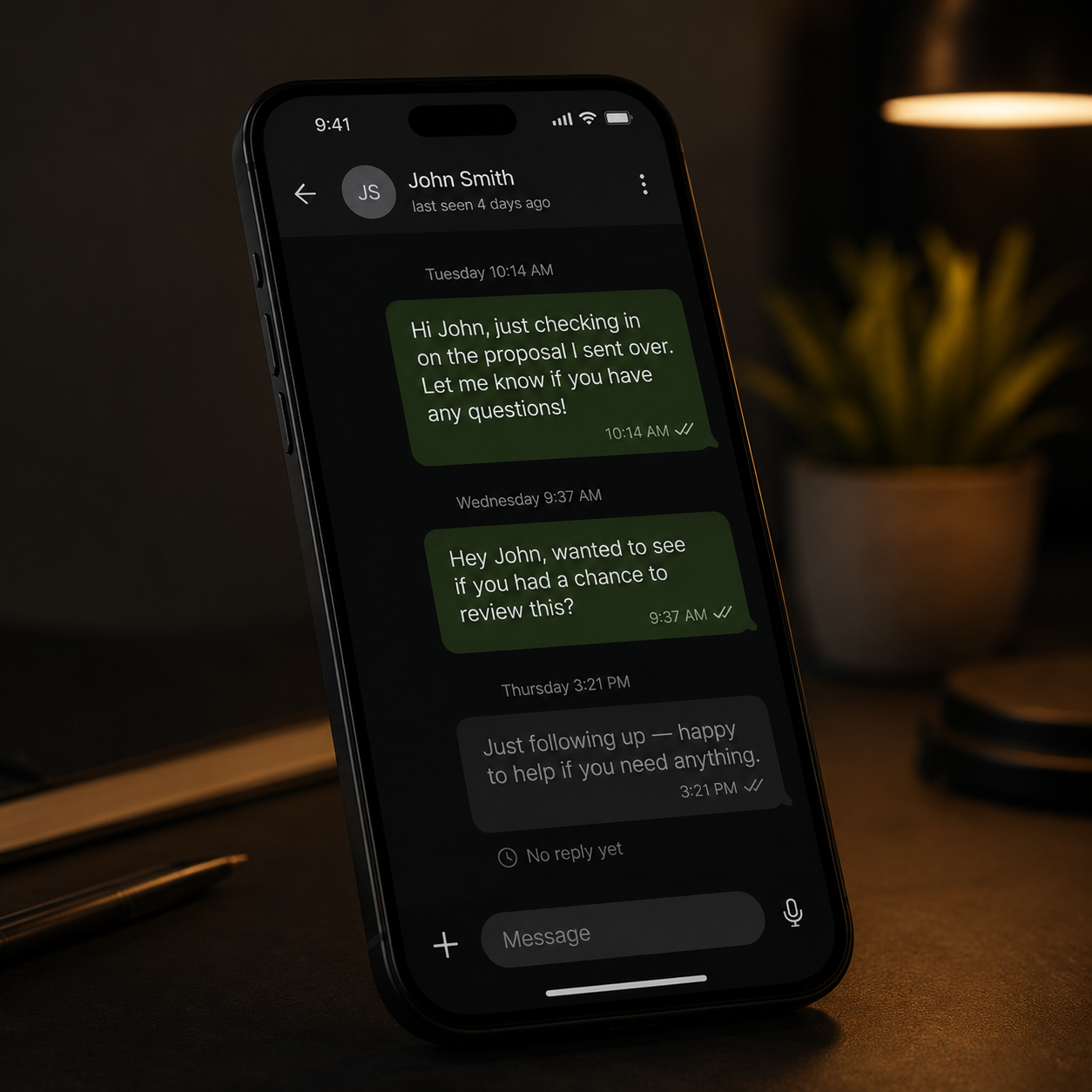 Phone showing a chat thread with unanswered follow-ups