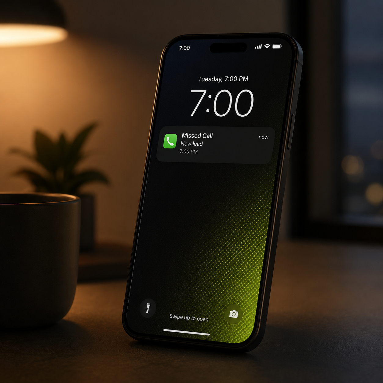 Phone showing a missed call from a new lead at 7:00 PM